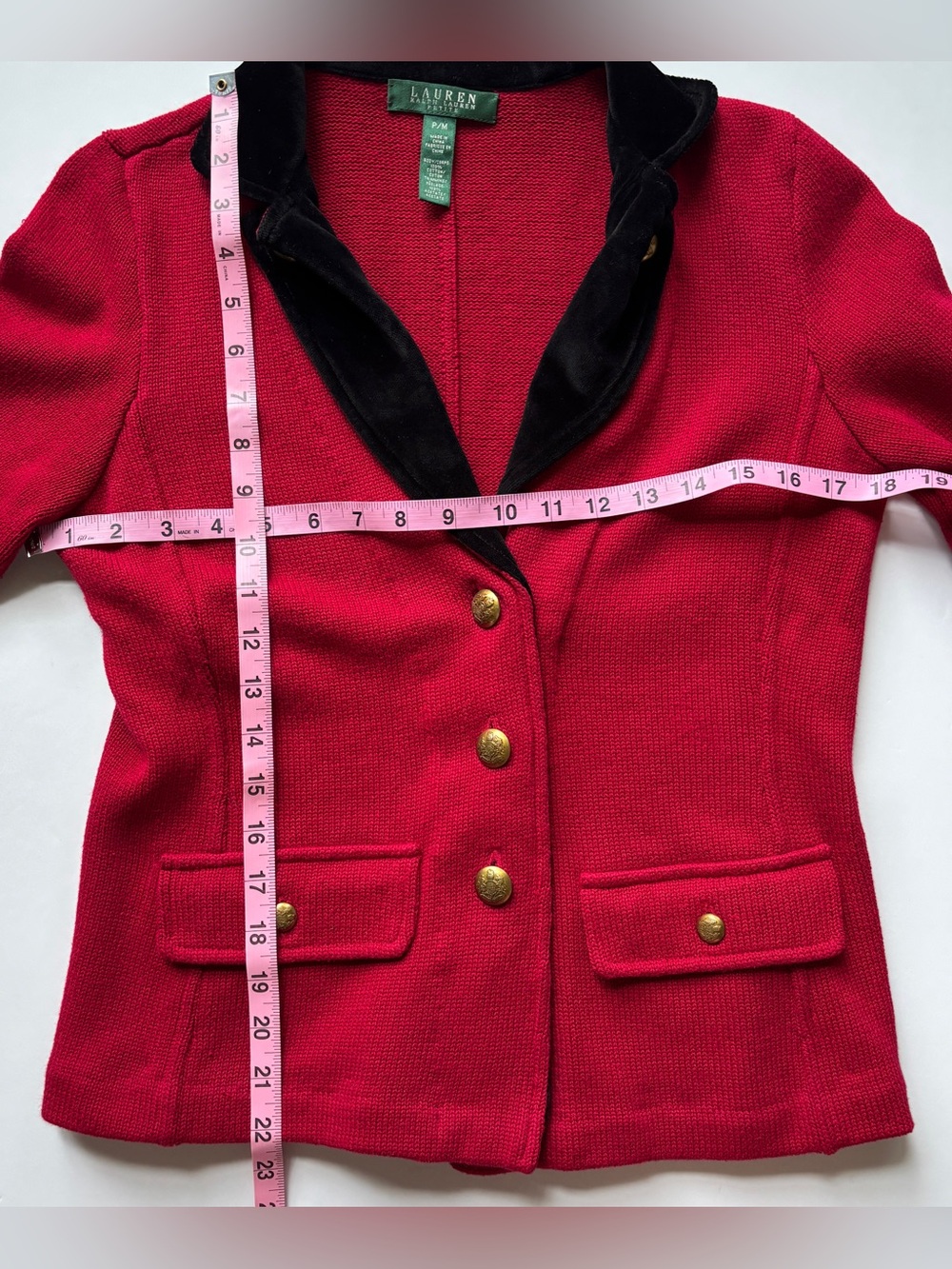 Lauren Ralph Lauren Velvet Collar 3 Crest Gold Button Blazer Coat Jacket PM Red - Picture 4 of 7